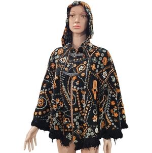 Esisto Floral Knit Hooded Poncho One Size Multicolor